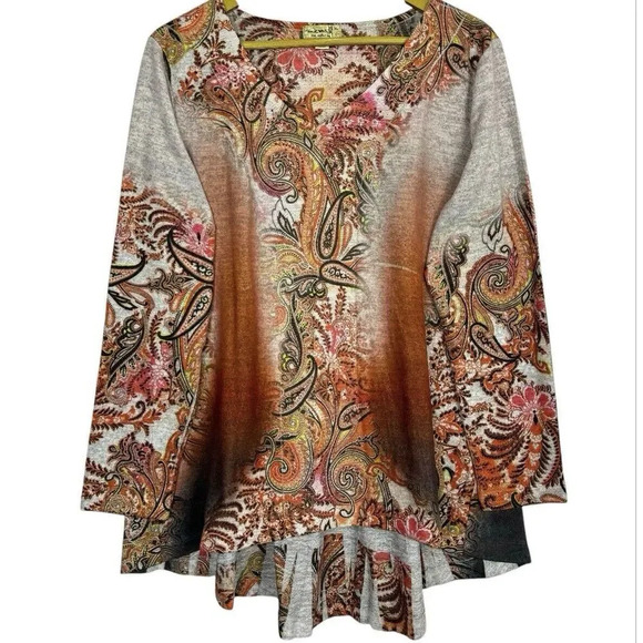 One World XL Paisley Multicolor Tunic Top Thick Rhinestone Hi Low Hem Fairy Boho - Picture 1 of 7